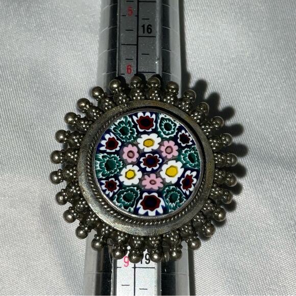 VTG ITALIAN MURANO GLASS CIRCLE STARBURST STATEMENT SILVER TONE RING SZ 8 - Picture 4 of 10